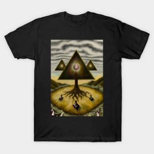 Surrealist painting like digital art with pyramids tree roots and the seed of the monad with within T-Shirt